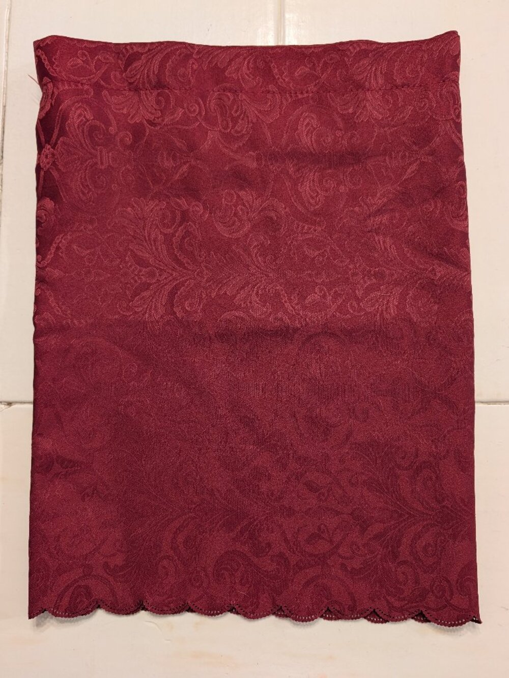 VTG Burgundy Satin Floral Scroll Window Valance 54x18 Scalloped Xmas Victorian